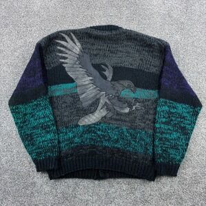 Vintage Street Scenes Cardigan Sweater‎ Mens XL Eagle Leather Patch Chunky Knit